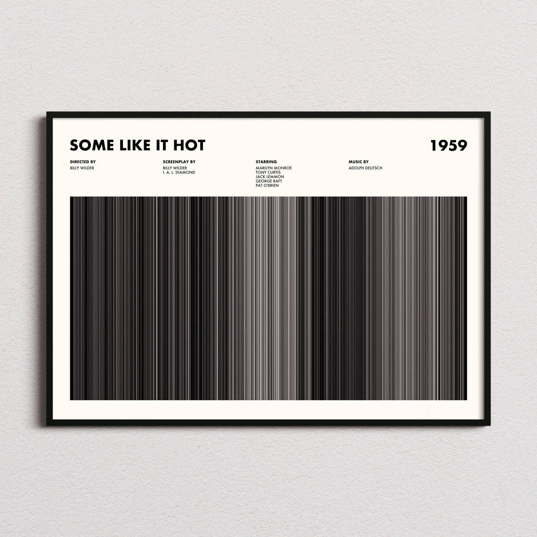 Some Like It Hot Movie Barcode Poster framed and photographed straight on