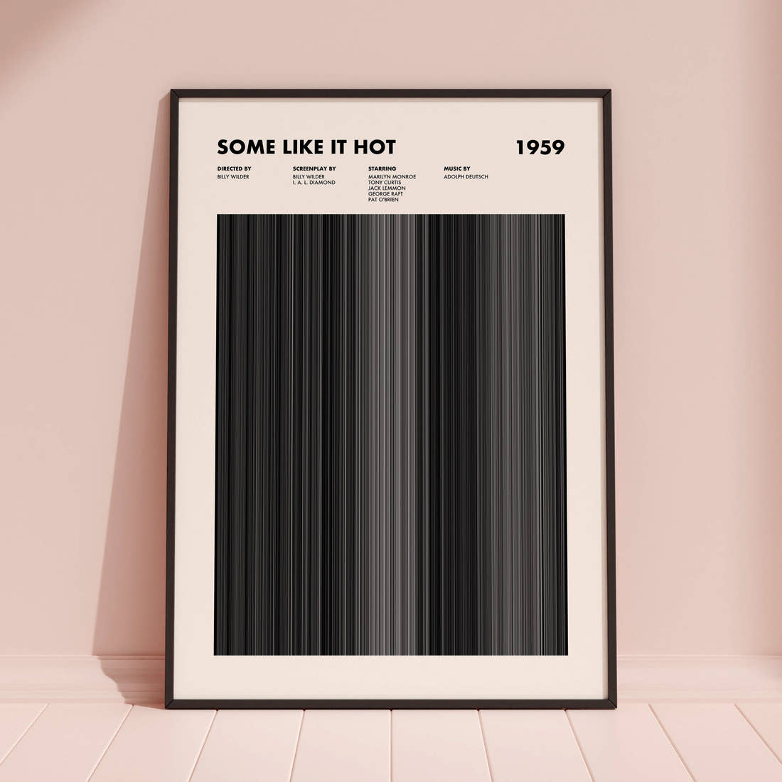 Some Like It Hot Movie Barcode Poster framed and leaning against a coloured wall