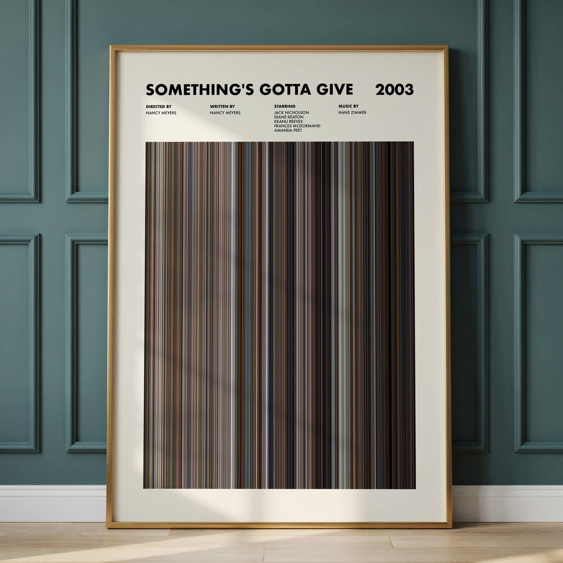 Something's Gotta Give Movie Barcode Poster framed and leaning against a panelled wall