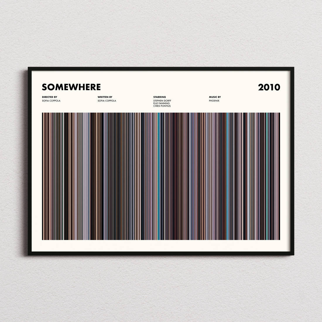 Somewhere Movie Barcode Poster framed and photographed straight on