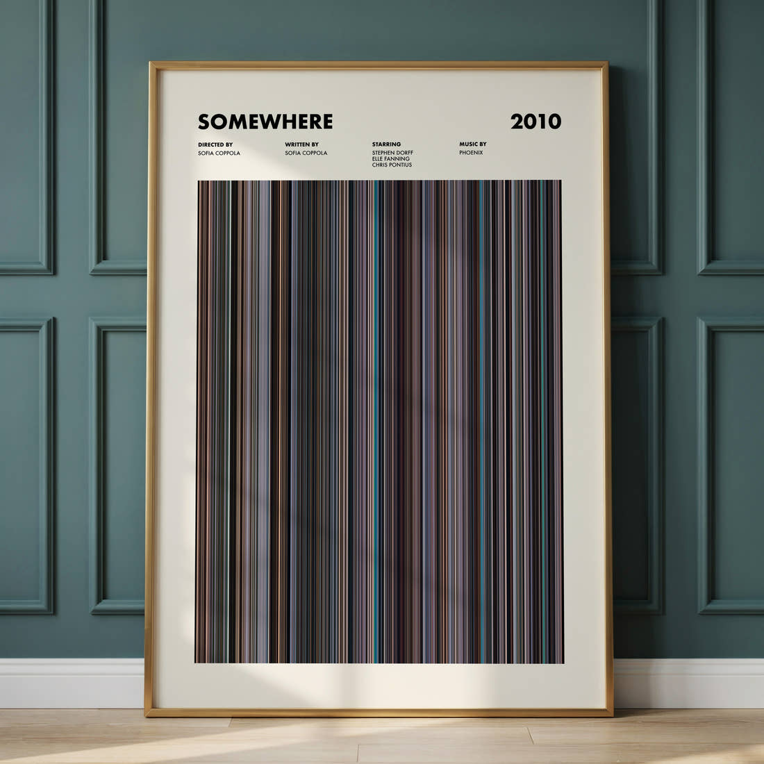 Somewhere Movie Barcode Poster framed and leaning against a panelled wall
