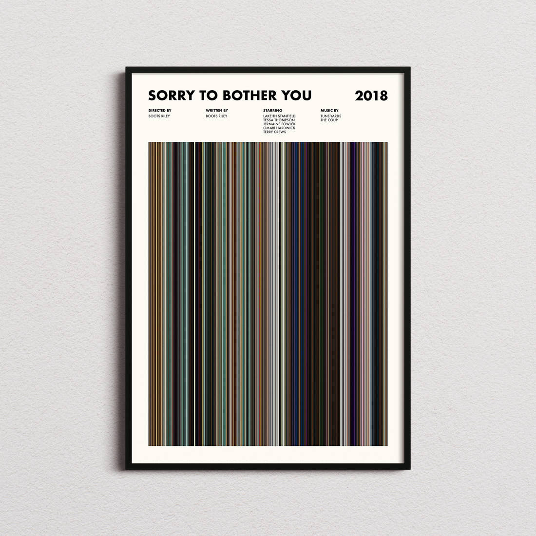 Sorry to Bother You Movie Barcode Poster framed on a plain studio wall