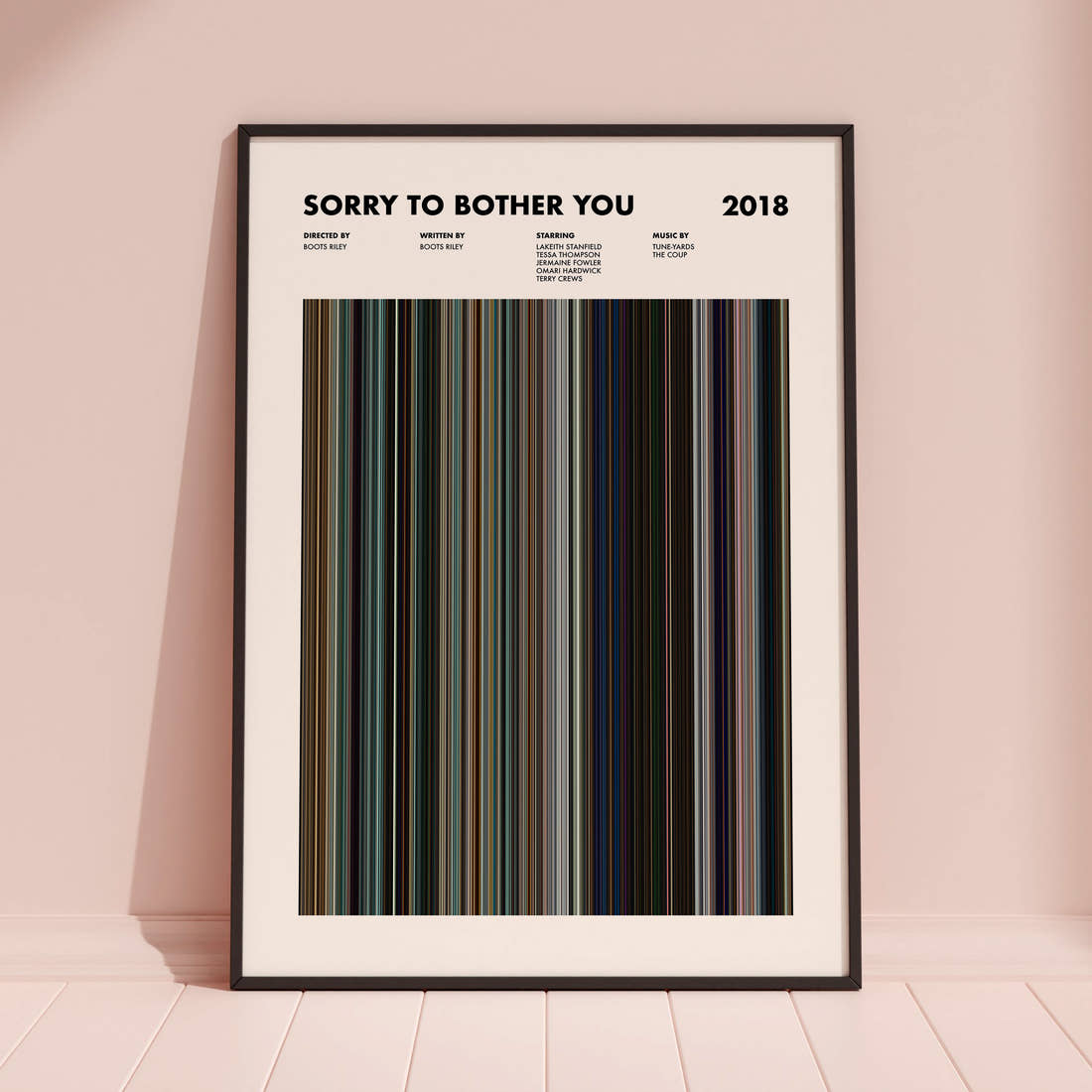 Sorry to Bother You Movie Barcode Poster framed and leaning against a coloured wall