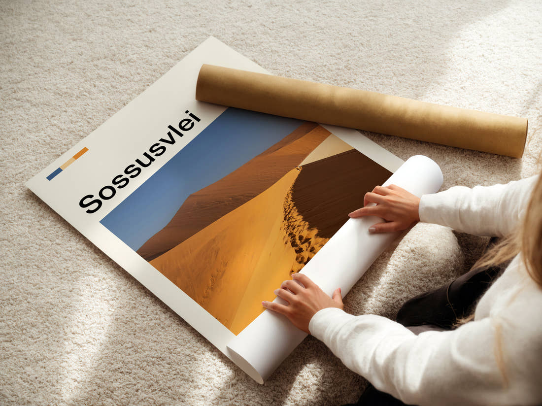 Sossusvlei Sand Dune Ridge Travel Print being unrolled from its postal tube