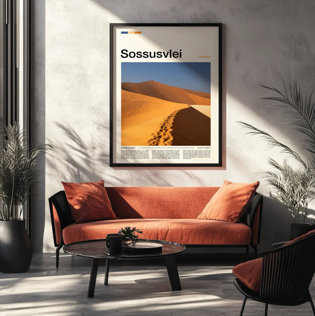Sossusvlei Sand Dune Ridge Travel Print framed on the wall of a modern living room