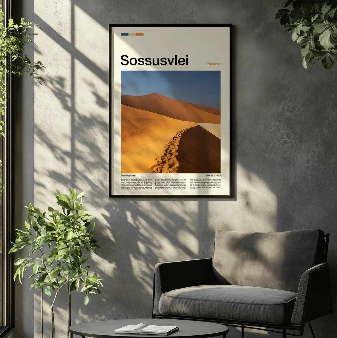 Sossusvlei Sand Dune Ridge Travel Print framed on the wall of a relaxed living room