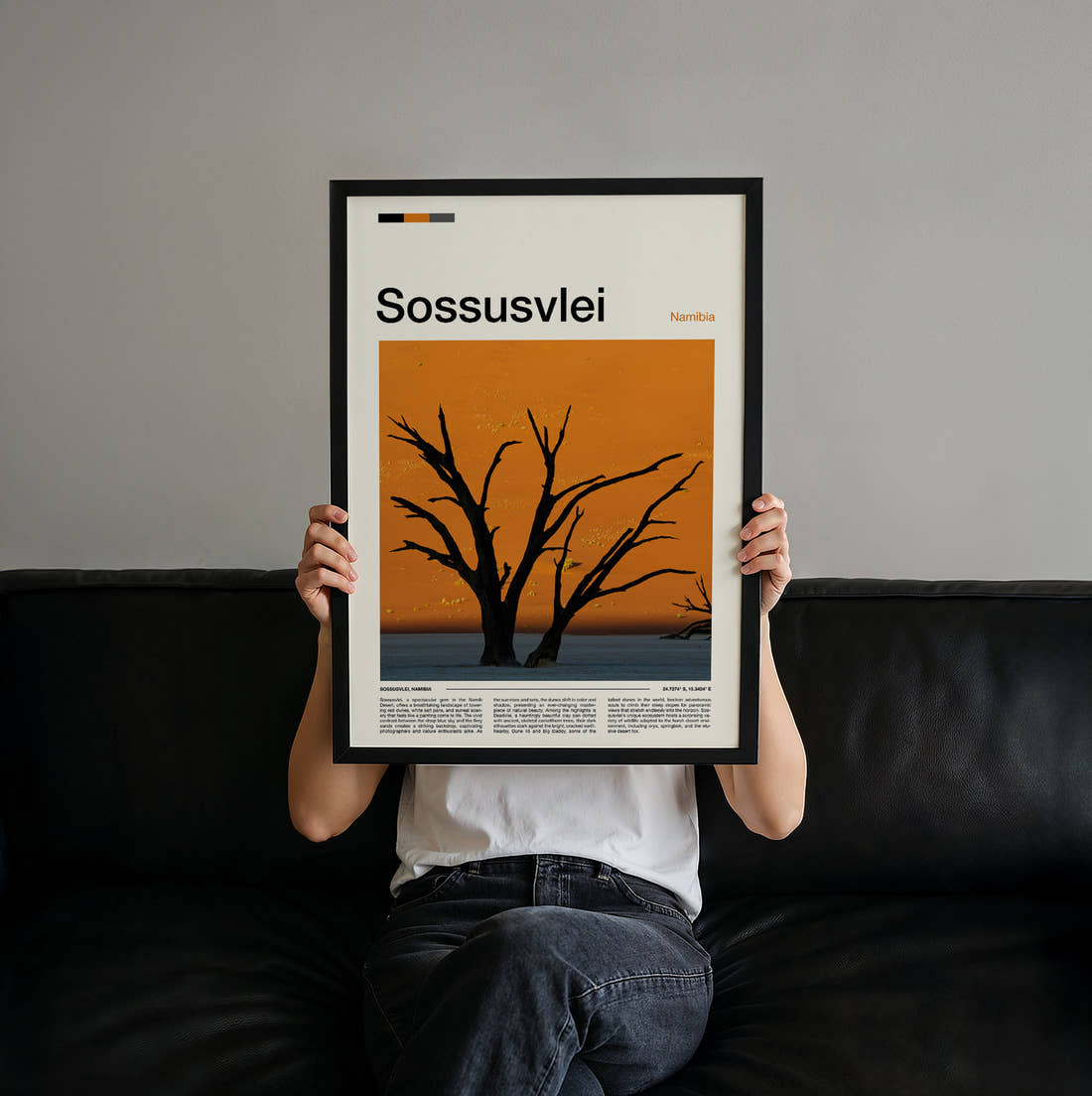 Sossusvlei Dead Tree Silhouette Travel Print held up by hand to show the size of the print