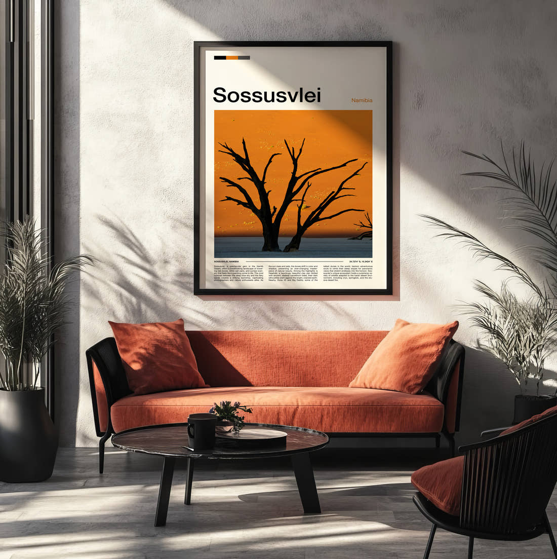 Sossusvlei Dead Tree Silhouette Travel Print framed on the wall of a modern living room