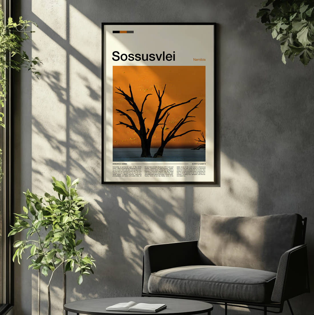 Sossusvlei Dead Tree Silhouette Travel Print framed on the wall of a relaxed living room