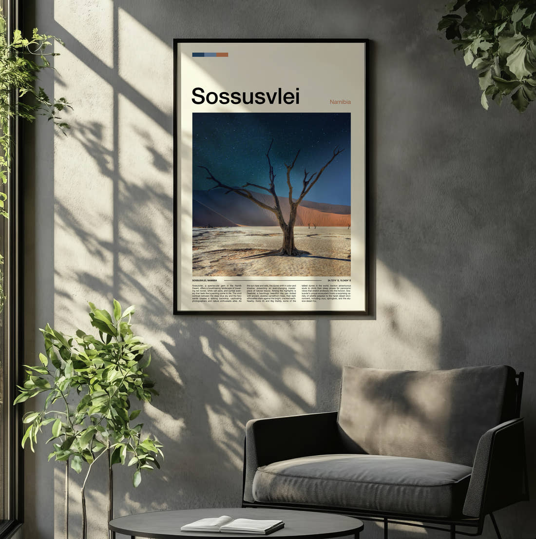 Sossusvlei Dead Tree In Desert Travel Print framed on the wall of a relaxed living room