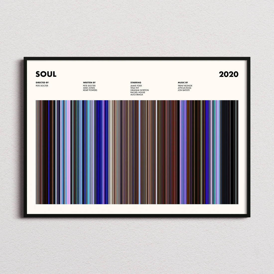 Soul Movie Barcode Poster framed and photographed straight on