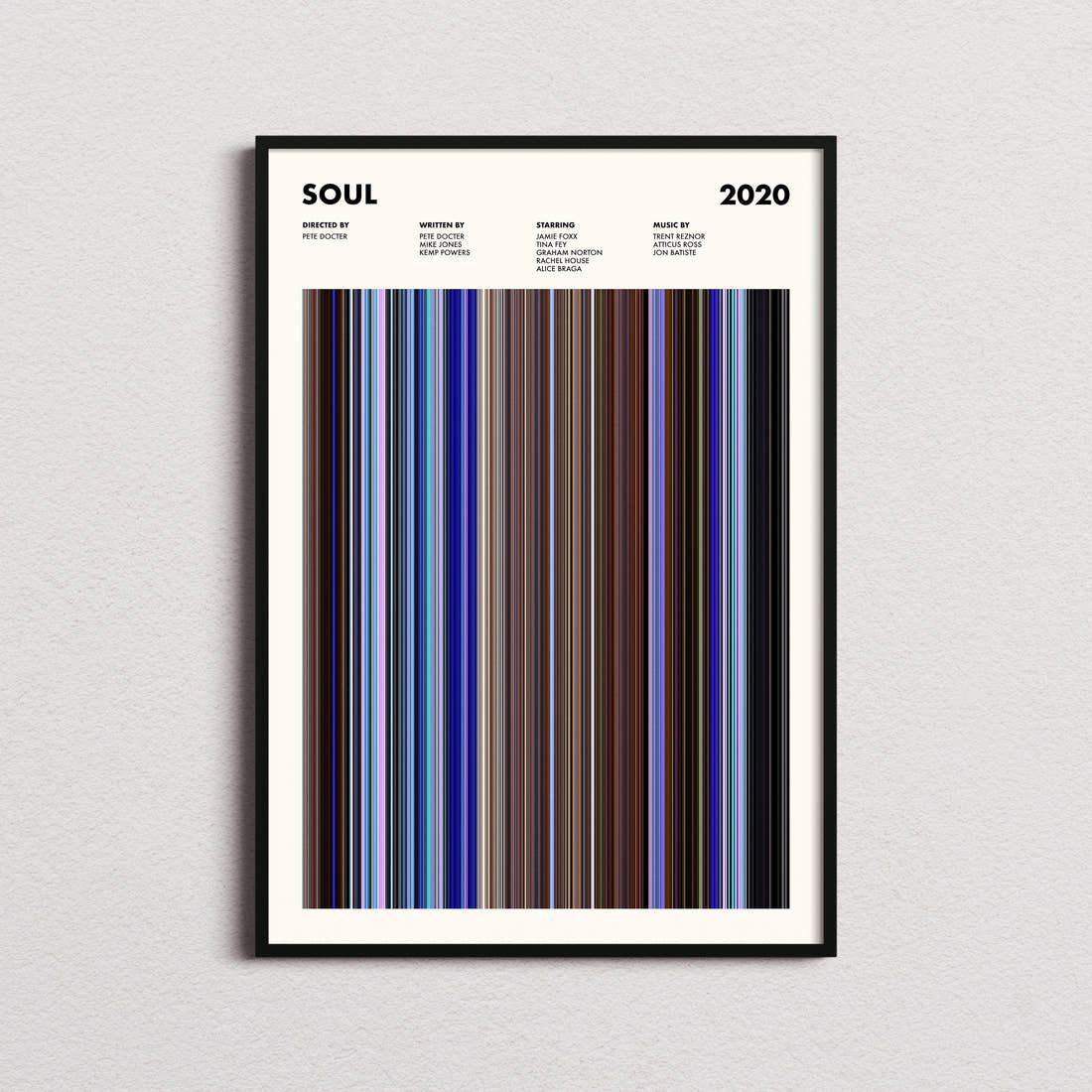 Soul Movie Barcode Poster framed on a plain studio wall