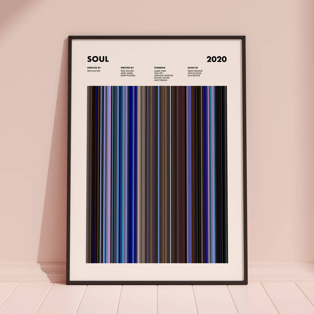 Soul Movie Barcode Poster framed and leaning against a coloured wall
