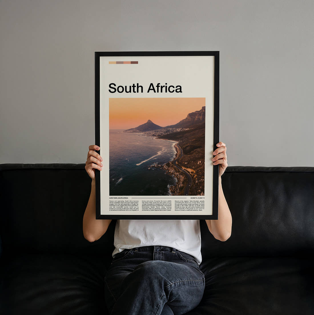 South Africa Coastal Road And Mountain Travel Print held up by hand to show the size of the print