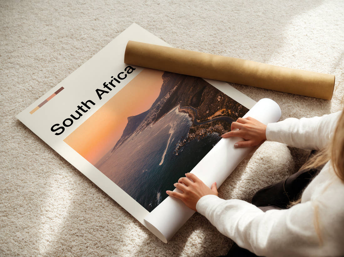 South Africa Coastal Road And Mountain Travel Print being unrolled from its postal tube