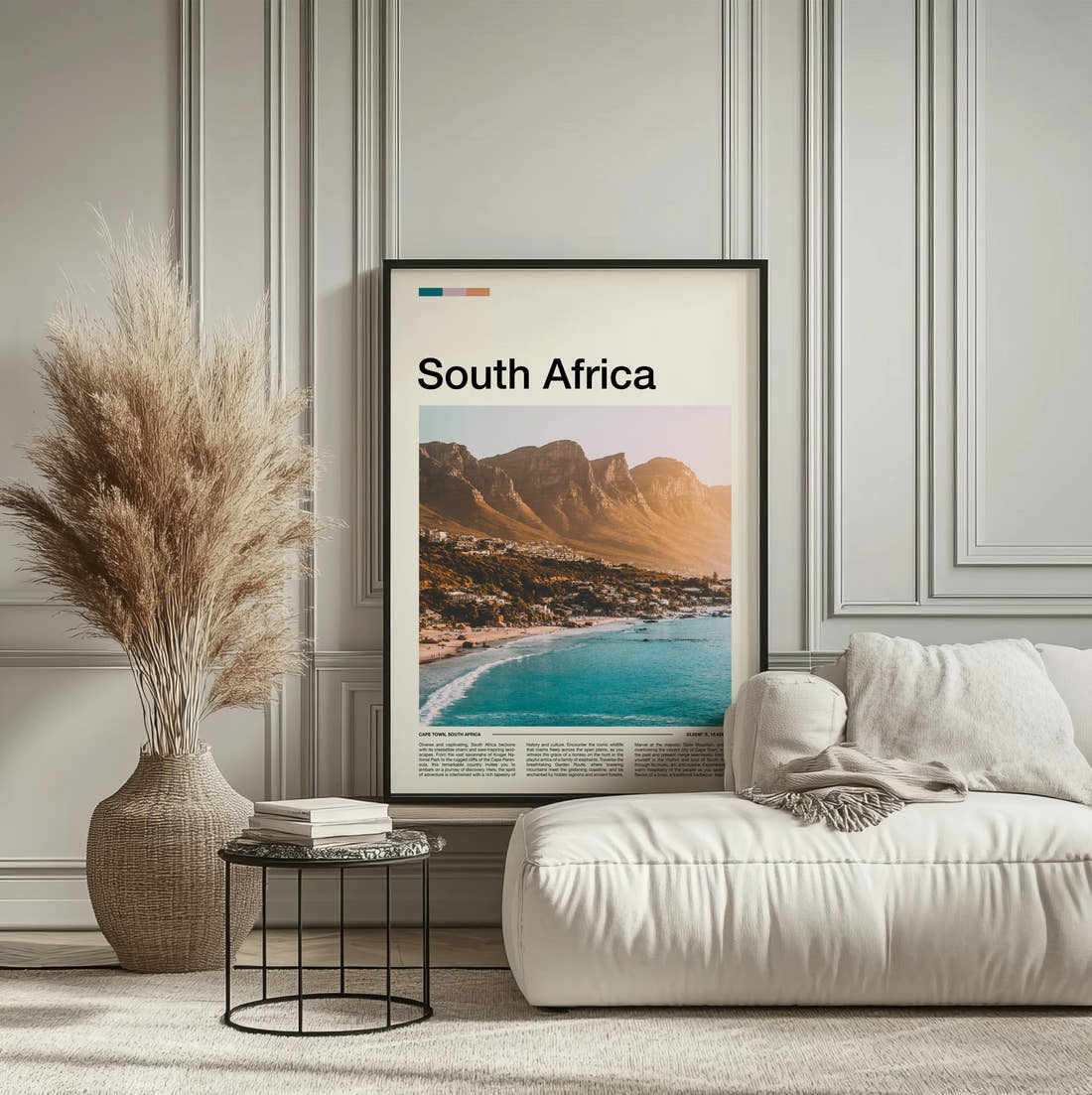 South Africa Twelve Apostles Travel Print framed on the wall of a calm, neutral bedroom