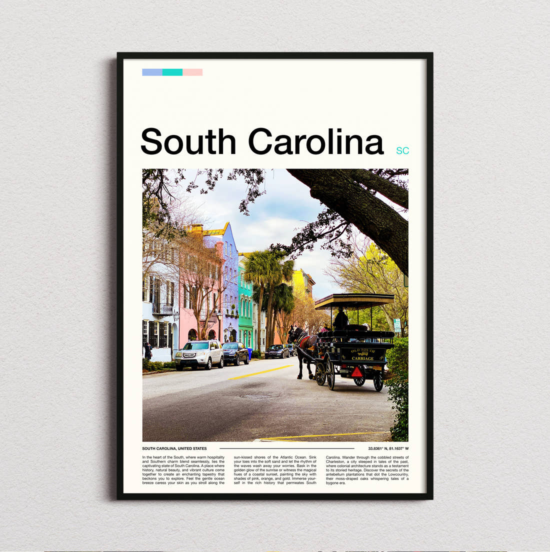 South Carolina Rainbow Row Travel Print framed and photographed straight on