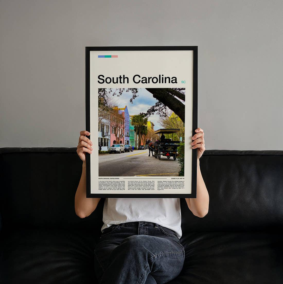 South Carolina Rainbow Row Travel Print held up by hand to show the size of the print