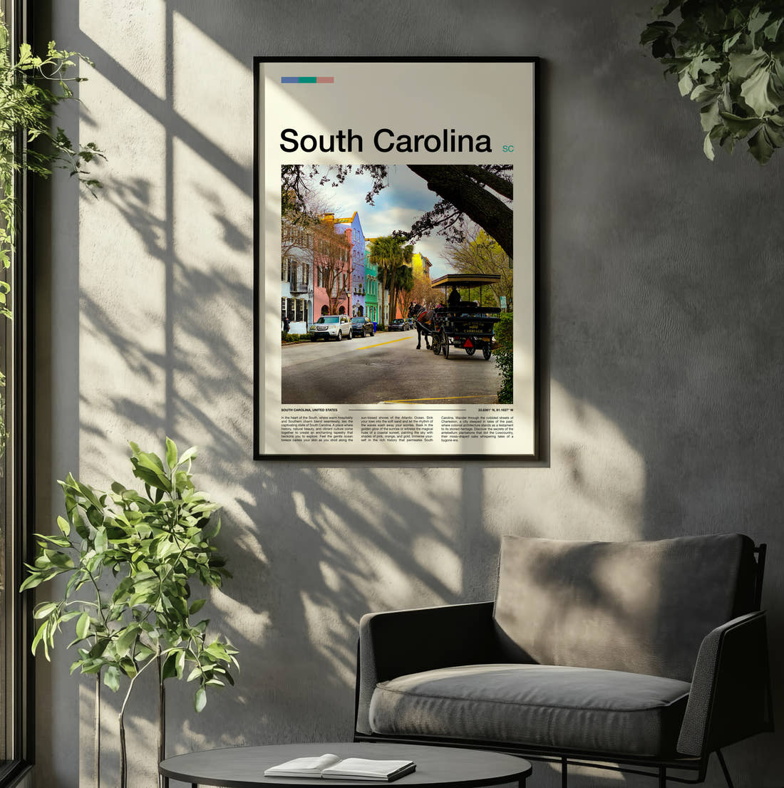 South Carolina Rainbow Row Travel Print framed on the wall of a relaxed living room
