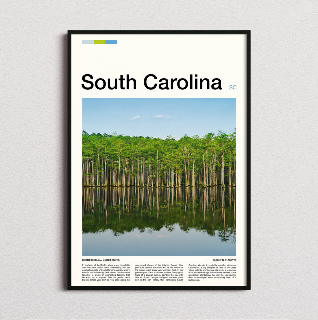 South Carolina Cypress Trees Reflected Travel Print framed and photographed straight on