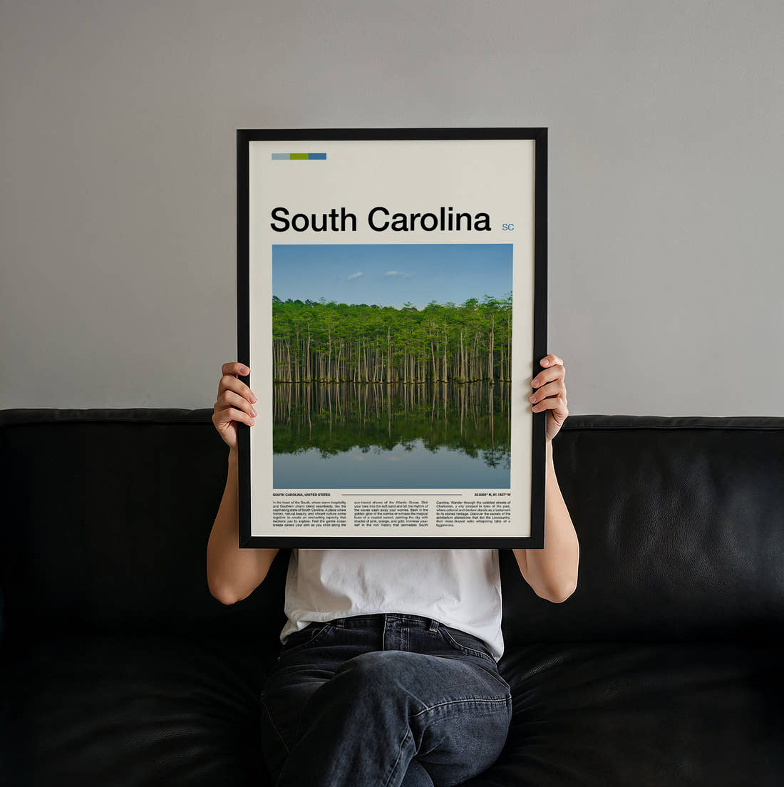 South Carolina Cypress Trees Reflected Travel Print held up by hand to show the size of the print