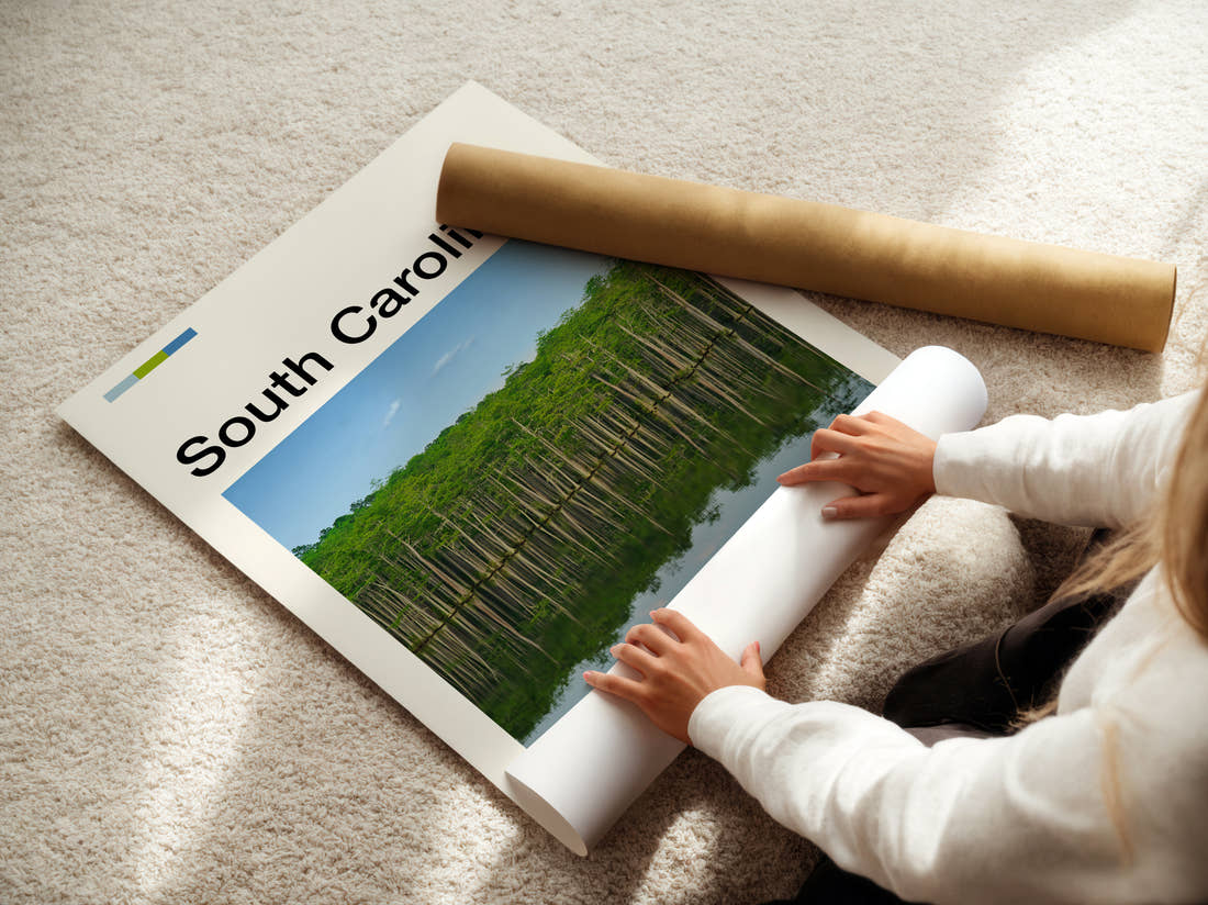 South Carolina Cypress Trees Reflected Travel Print being unrolled from its postal tube