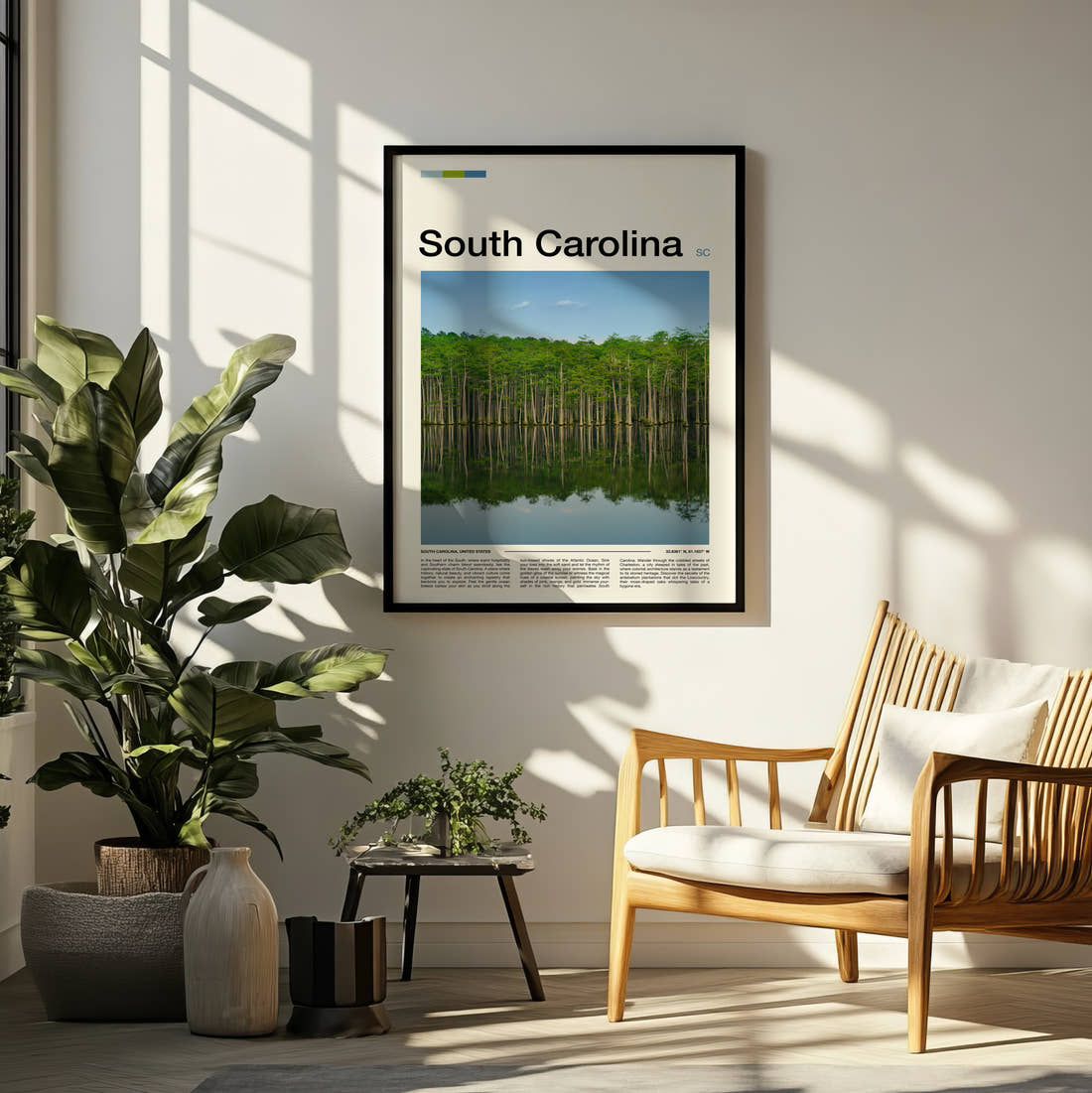 South Carolina Cypress Trees Reflected Travel Print framed on a pale wall beside houseplants