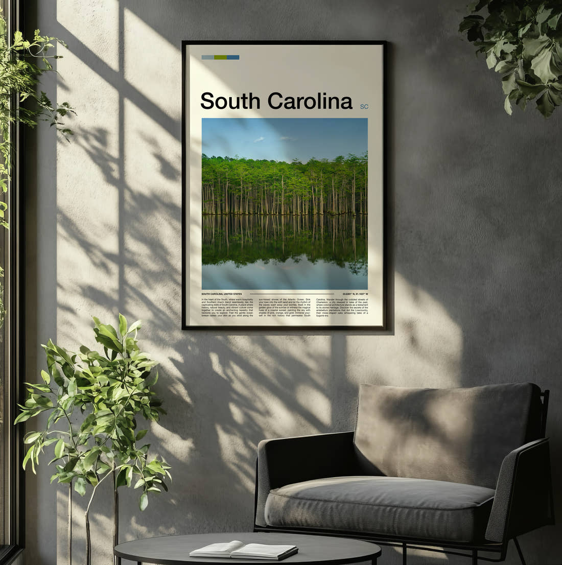 South Carolina Cypress Trees Reflected Travel Print framed on the wall of a relaxed living room