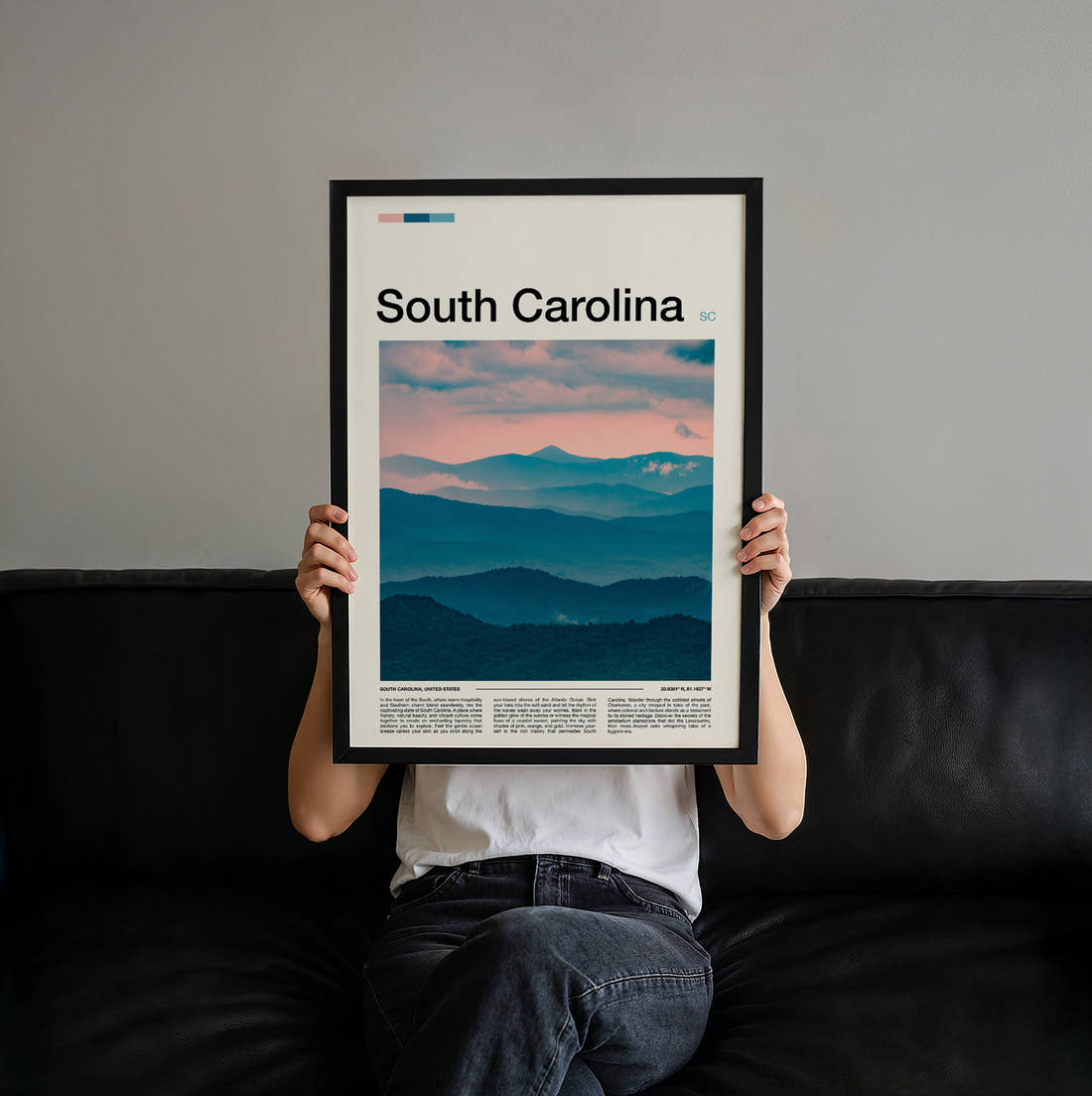 South Carolina Layered Blue Mountains Travel Print held up by hand to show the size of the print