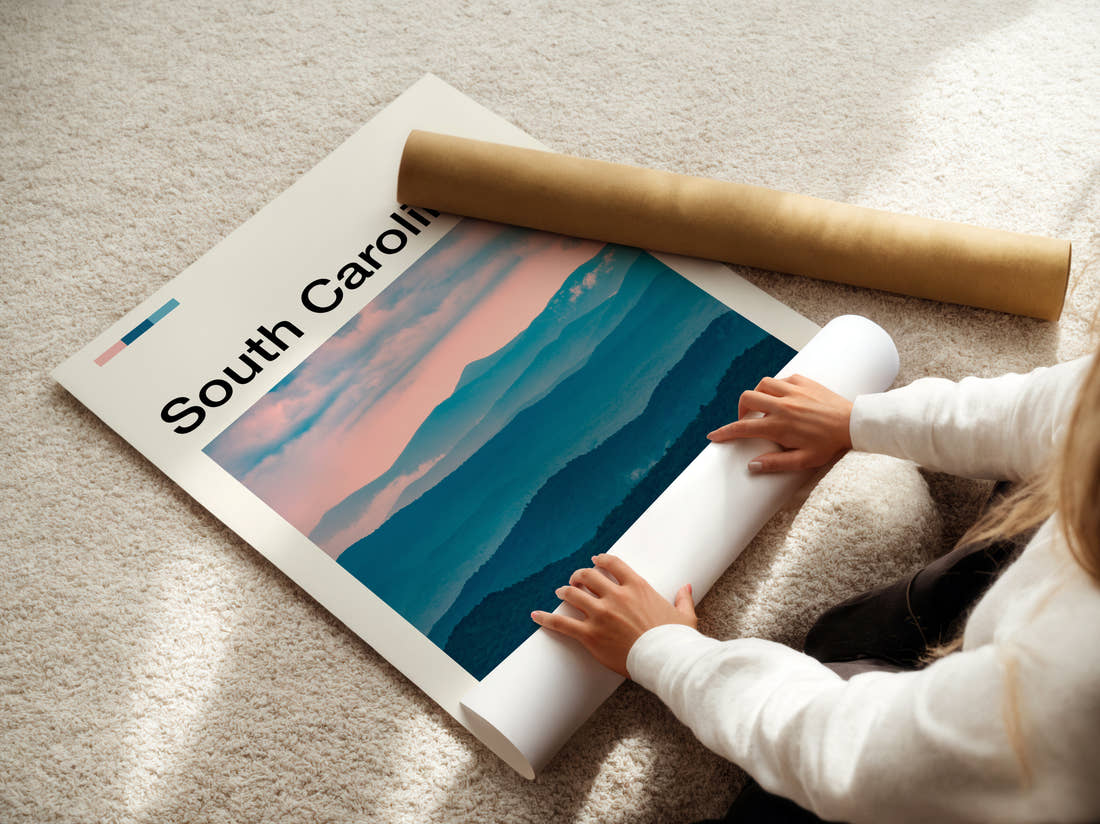 South Carolina Layered Blue Mountains Travel Print being unrolled from its postal tube