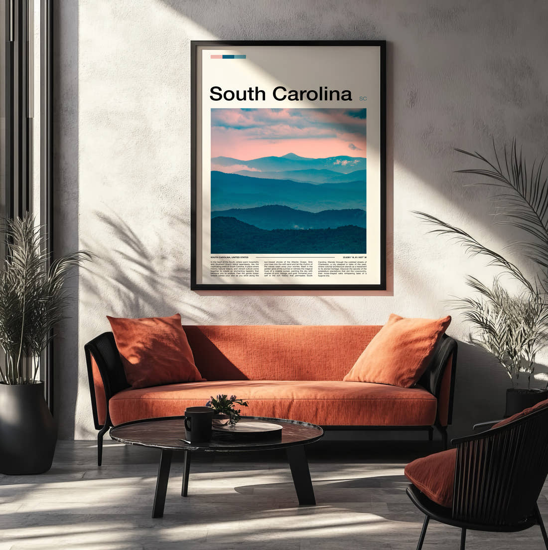 South Carolina Layered Blue Mountains Travel Print framed on the wall of a modern living room