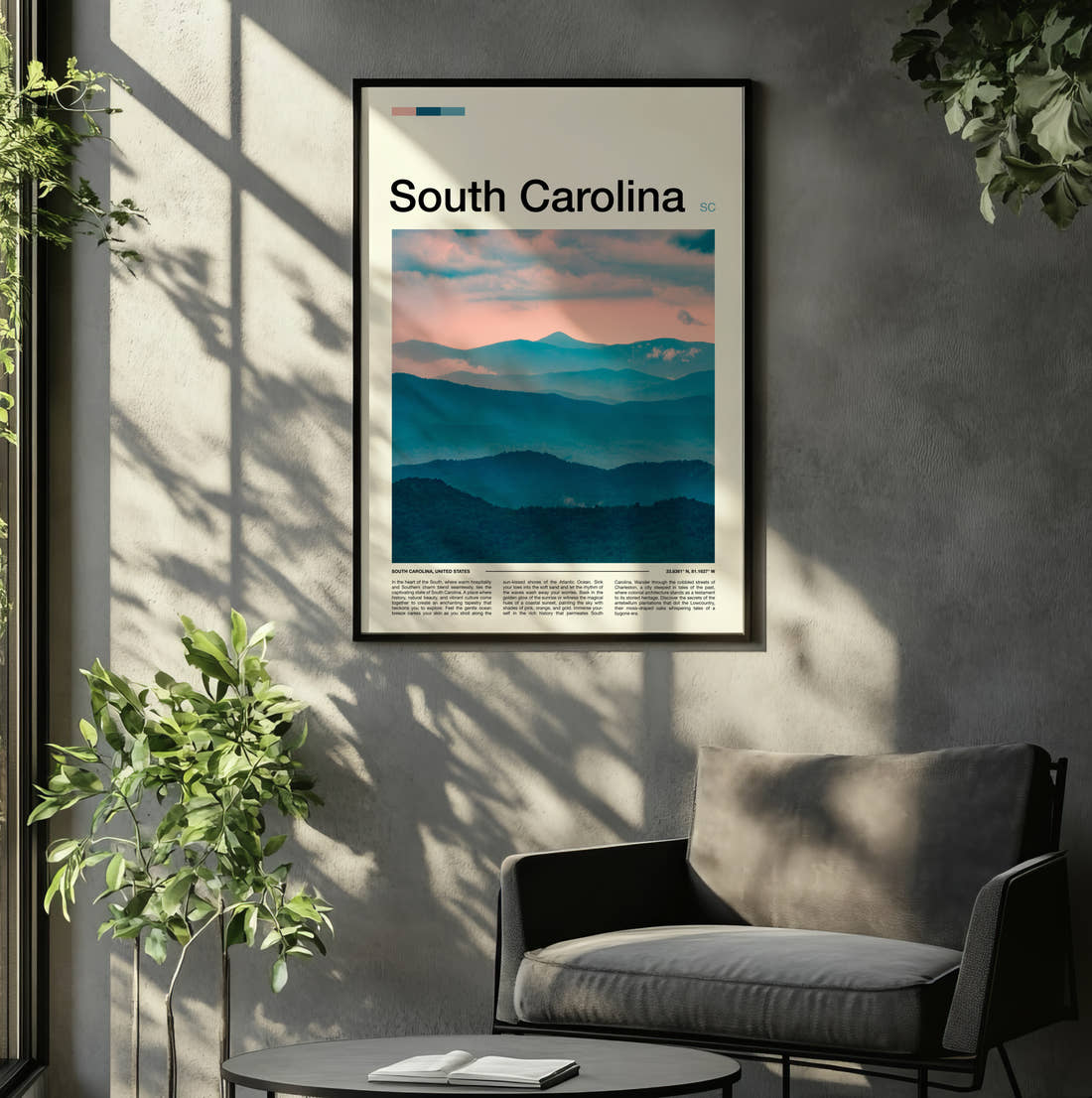South Carolina Layered Blue Mountains Travel Print framed on the wall of a relaxed living room