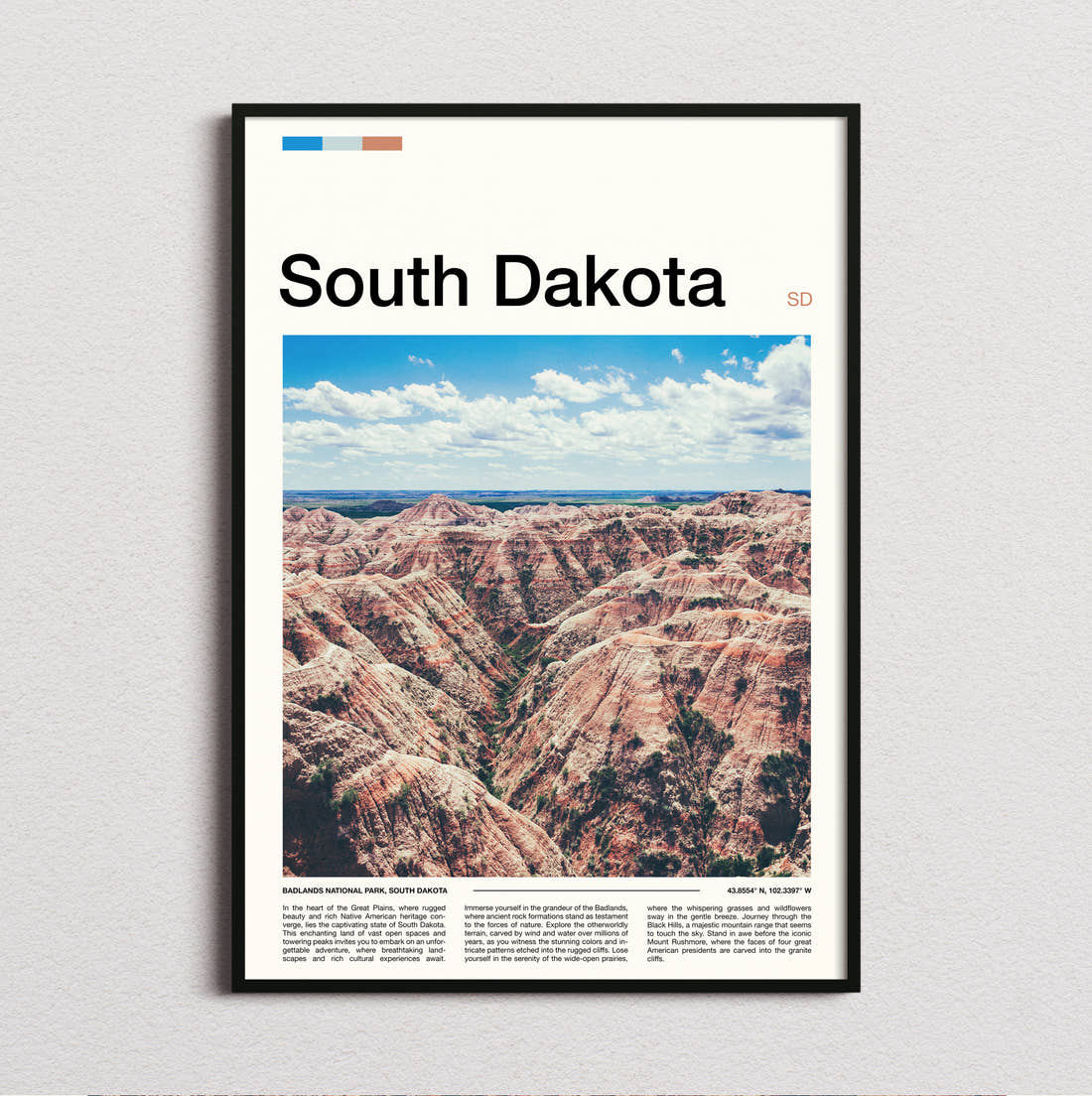 South Dakota Badlands Rock Formations Travel Print framed and photographed straight on