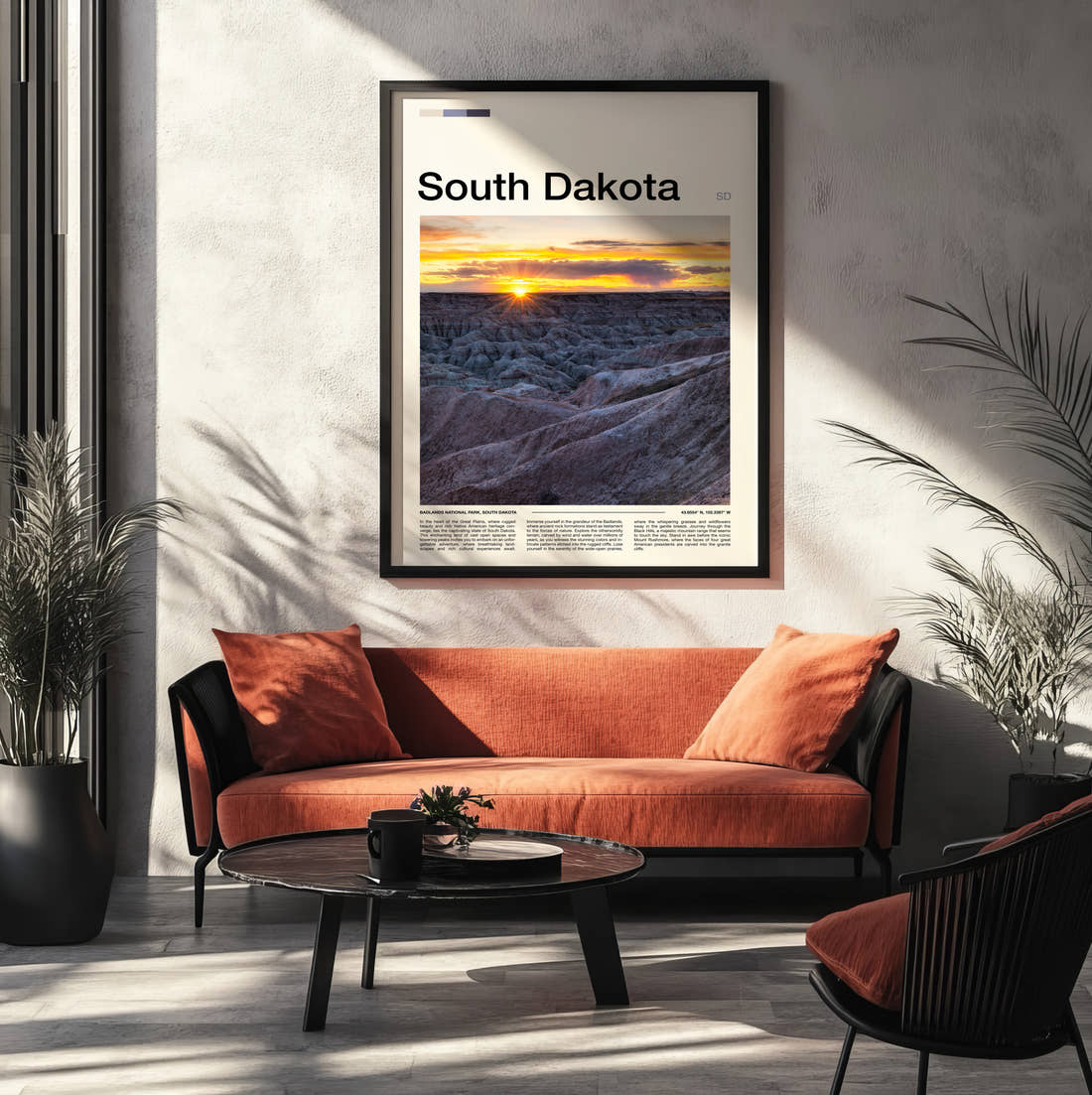South Dakota Badlands In Golden Light Travel Print framed on the wall of a modern living room