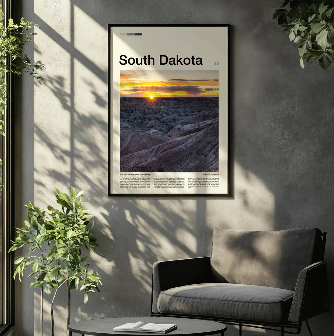 South Dakota Badlands In Golden Light Travel Print framed on the wall of a relaxed living room