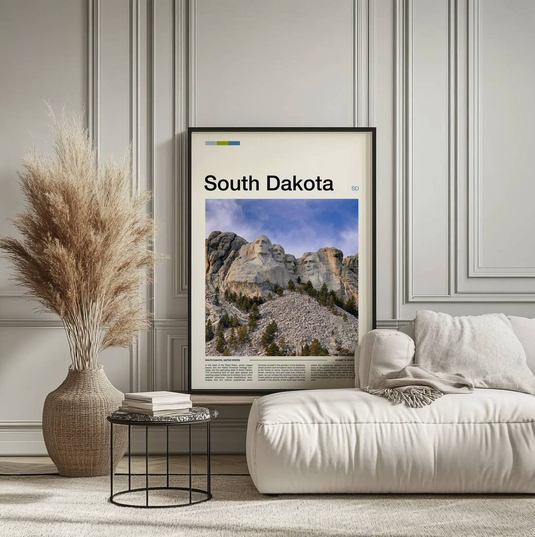 South Dakota Mount Rushmore Travel Print framed on the wall of a calm, neutral bedroom