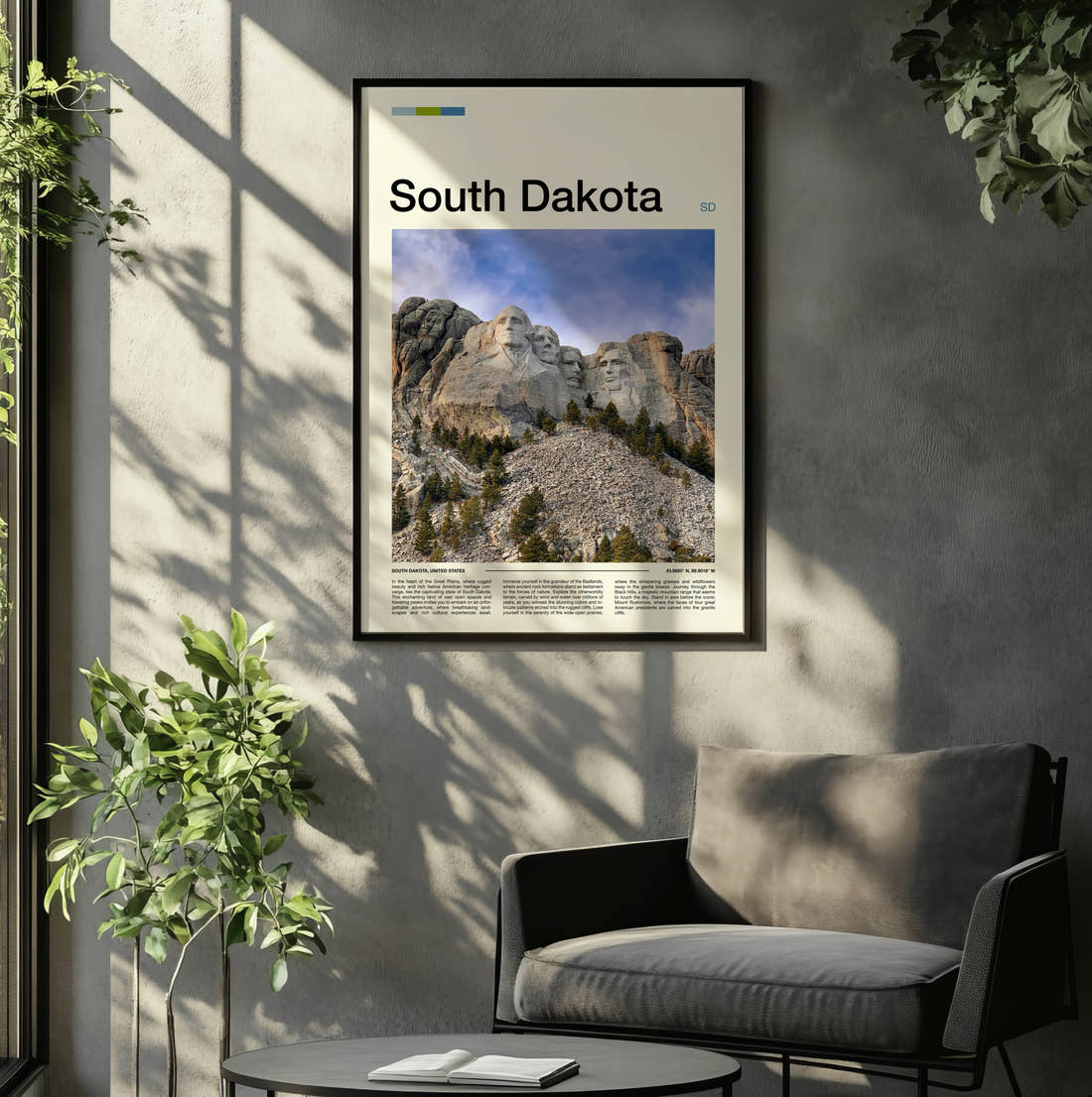 South Dakota Mount Rushmore Travel Print framed on the wall of a relaxed living room