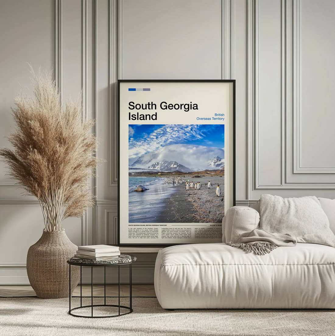 South Georgia Penguins On The Beach Travel Print framed on the wall of a calm, neutral bedroom