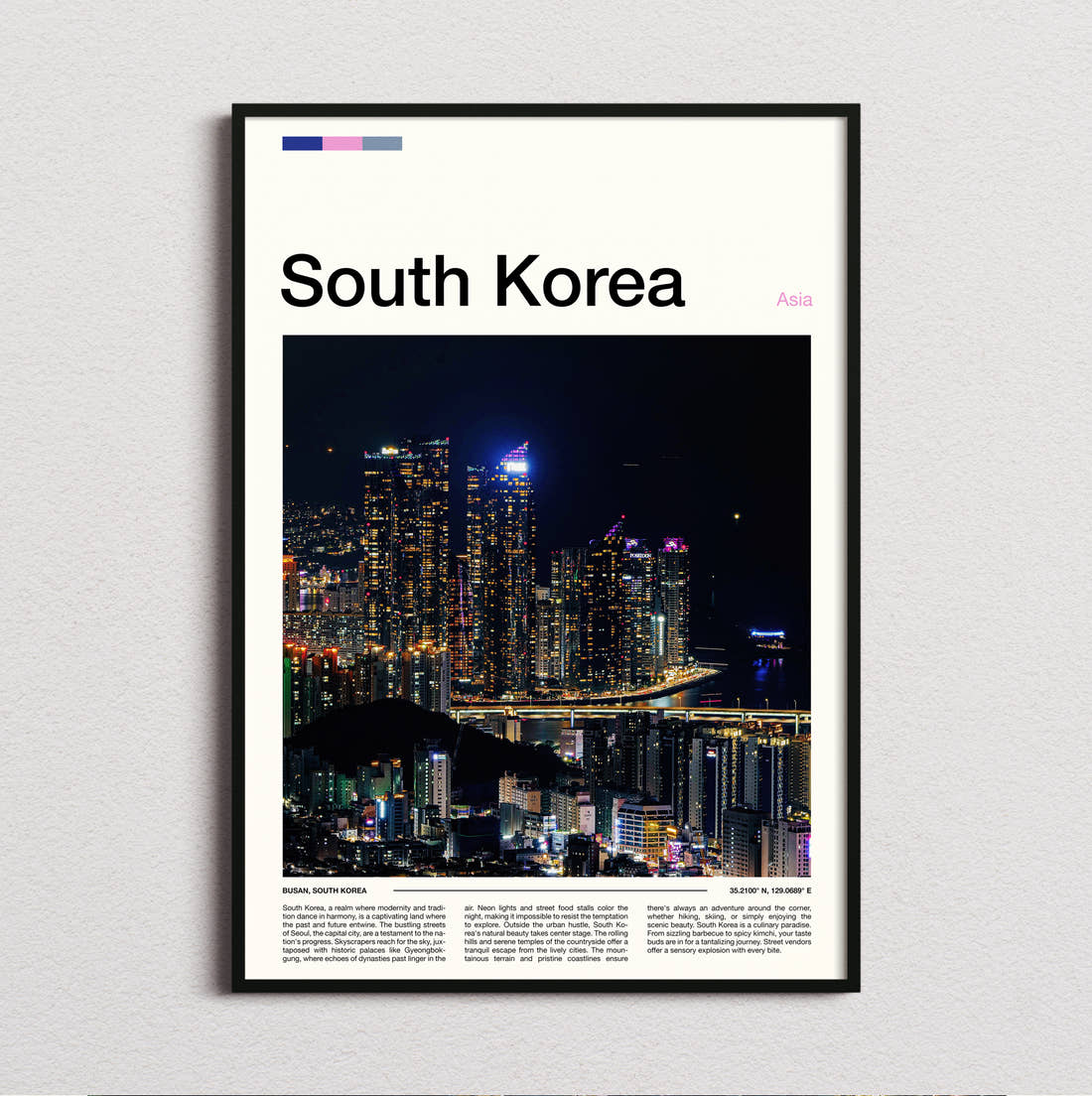 South Korea Night Skyline Over The Harbour Travel Print framed and photographed straight on