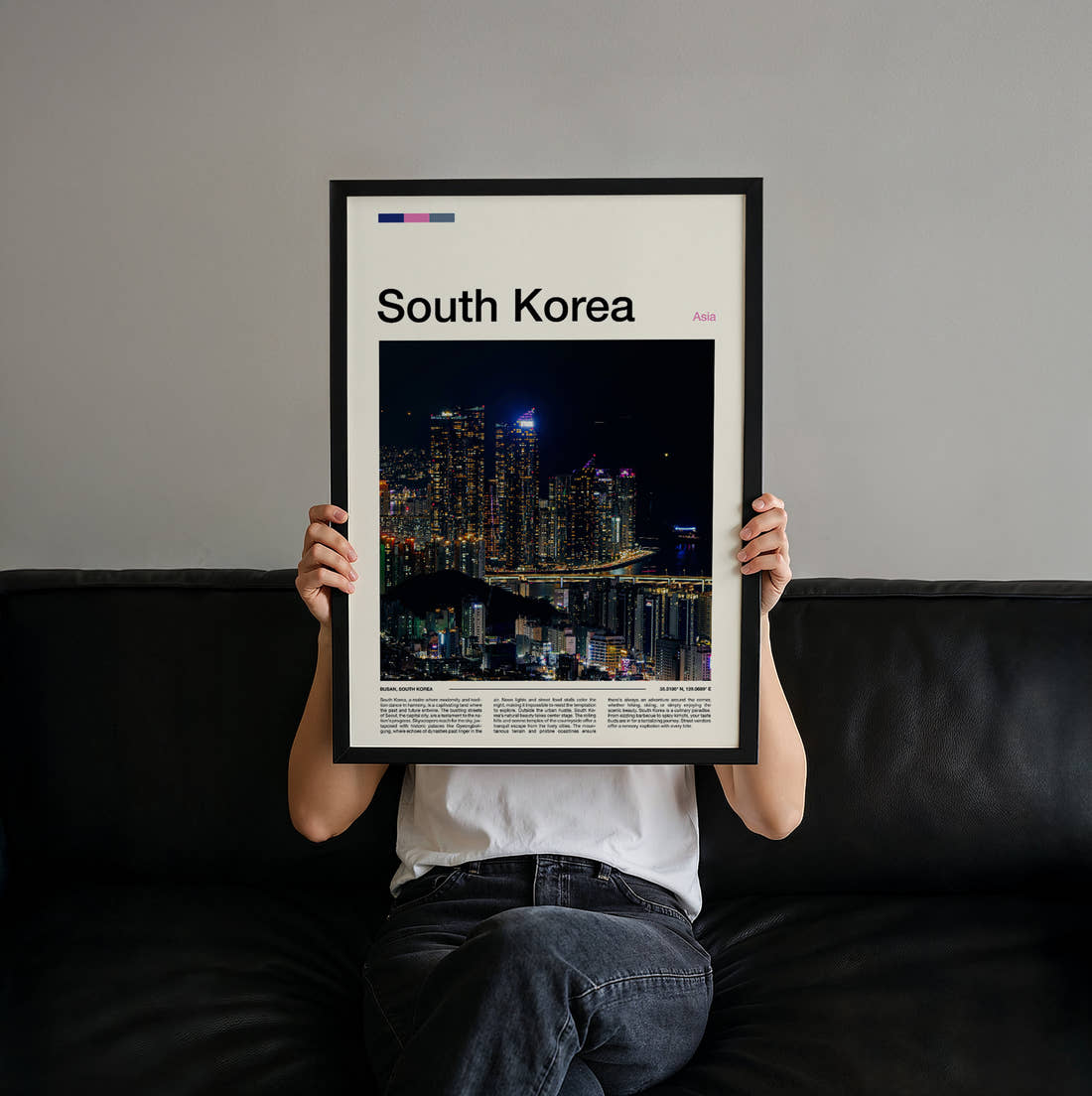 South Korea Night Skyline Over The Harbour Travel Print held up by hand to show the size of the print