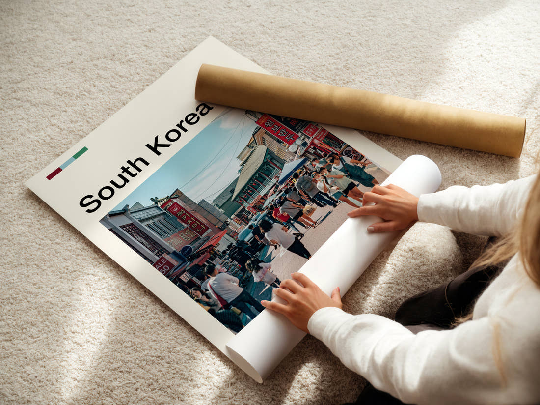 South Korea Busy Shopping Street Travel Print being unrolled from its postal tube