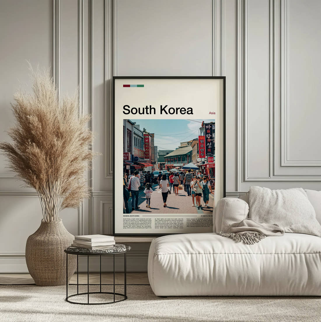South Korea Busy Shopping Street Travel Print framed on the wall of a calm, neutral bedroom