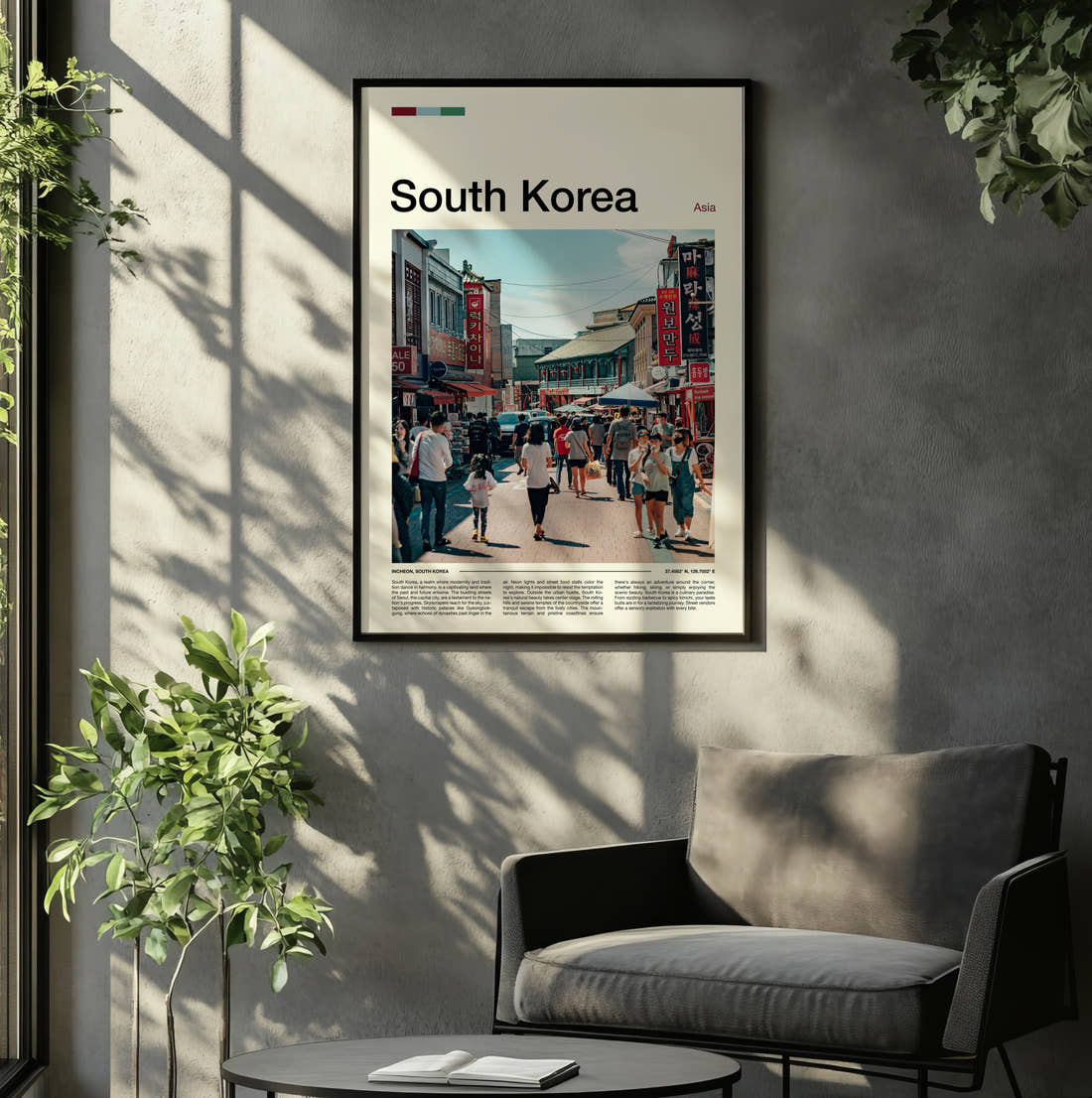 South Korea Busy Shopping Street Travel Print framed on the wall of a relaxed living room