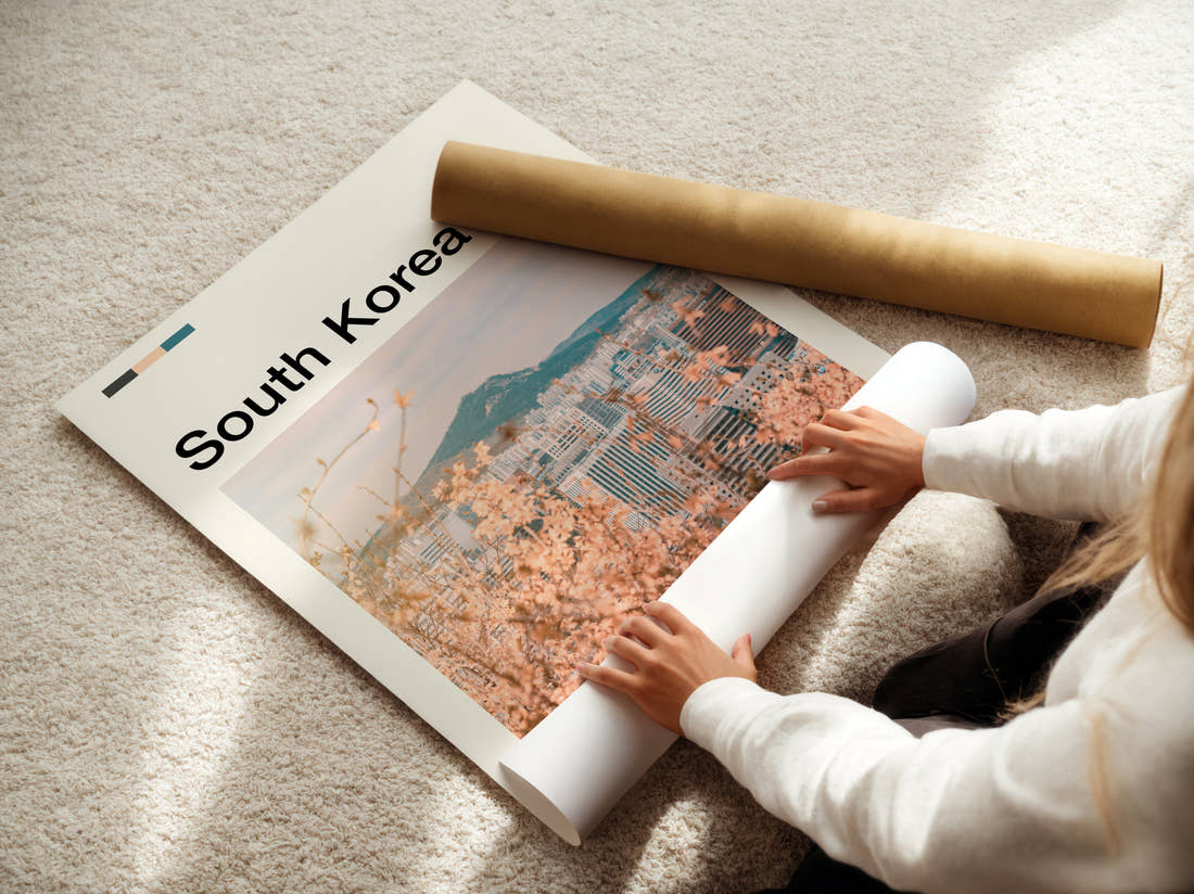South Korea Cherry Blossom Cityscape Travel Print being unrolled from its postal tube