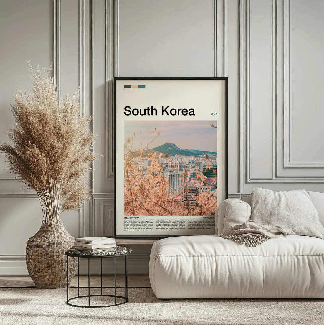 South Korea Cherry Blossom Cityscape Travel Print framed on the wall of a calm, neutral bedroom