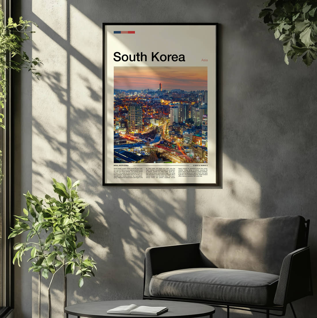 South Korea City Lights At Twilight Travel Print framed on the wall of a relaxed living room