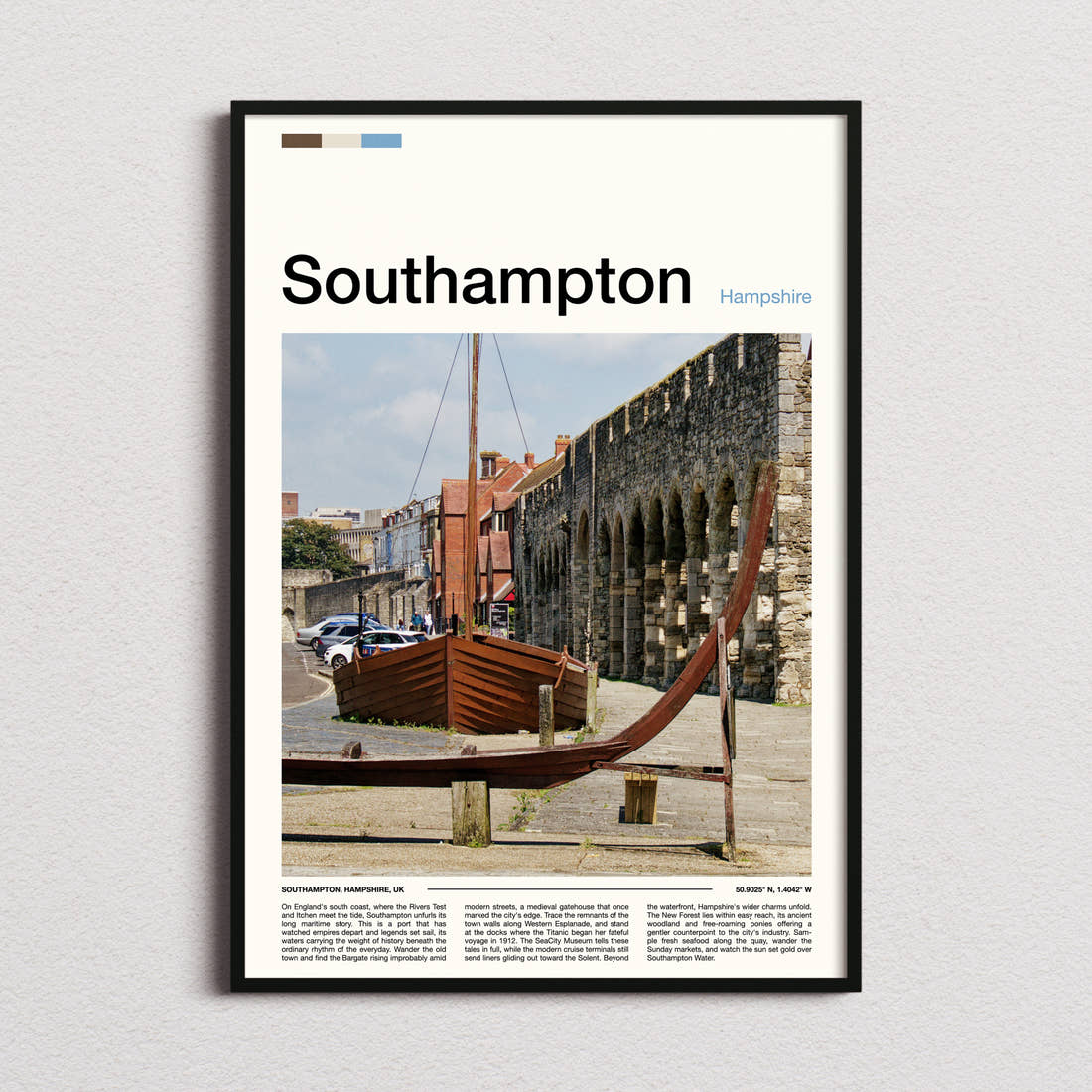 Southampton Medieval Wall And Boat Travel Print framed and photographed straight on