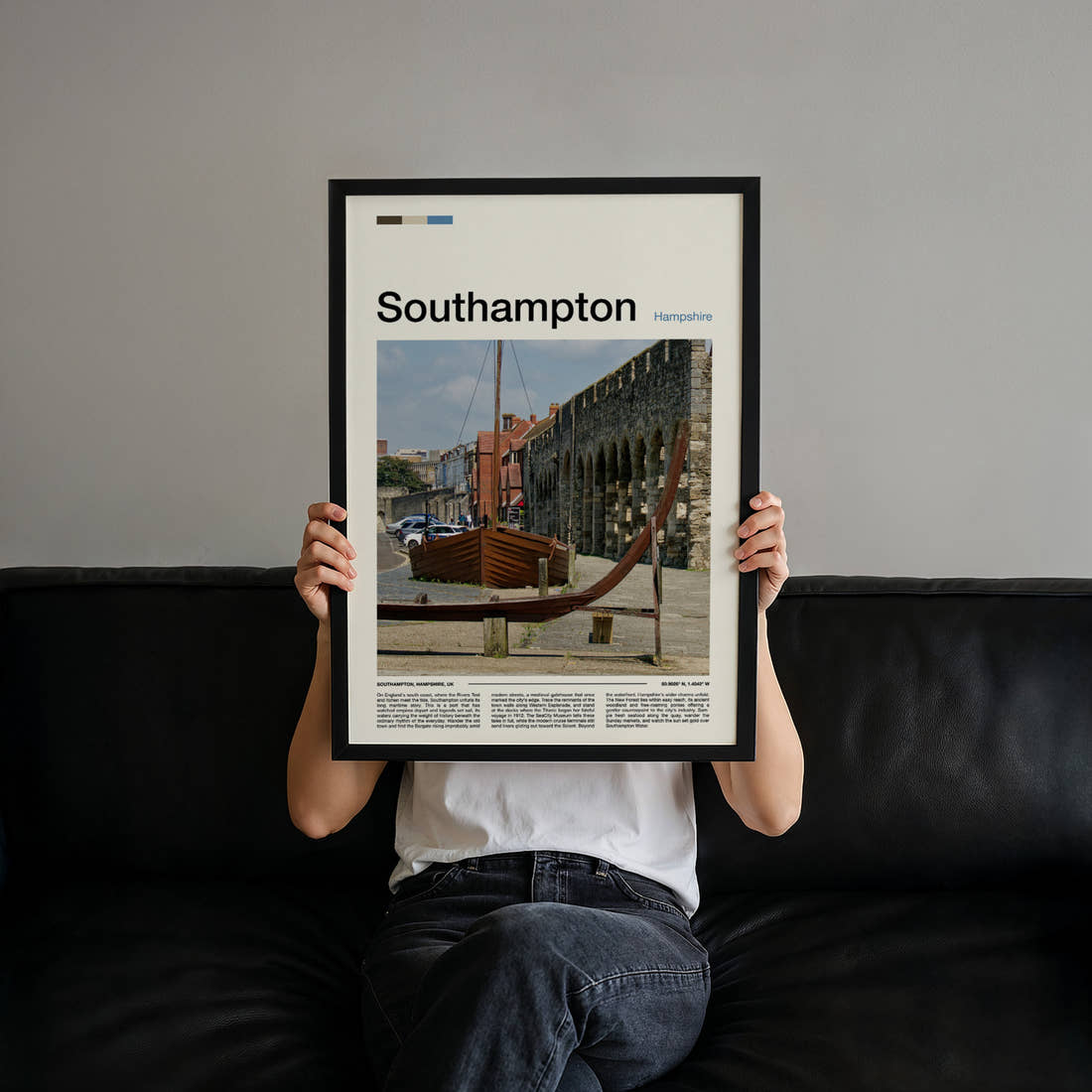 Southampton Medieval Wall And Boat Travel Print held up by hand to show the size of the print