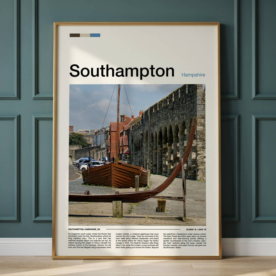 Southampton Medieval Wall And Boat Travel Print framed on the wall of a calm, neutral bedroom