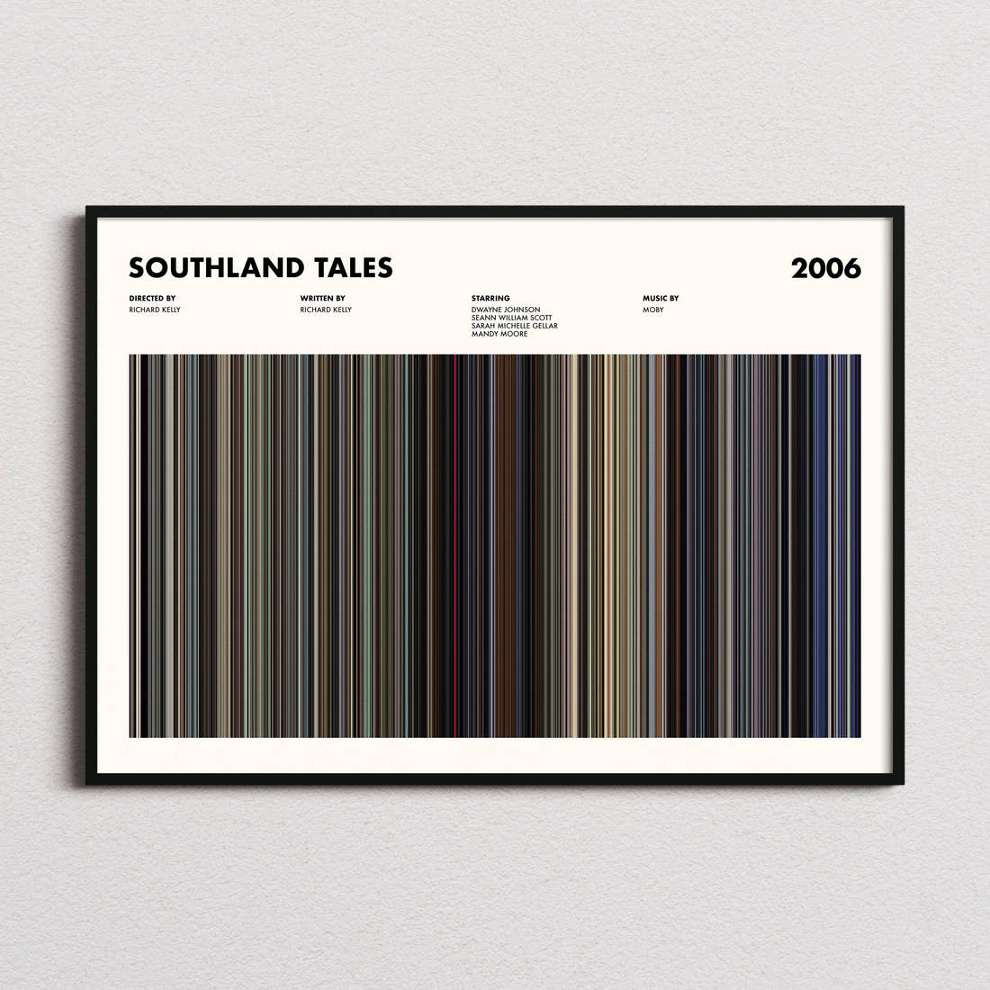 Southland Tales Movie Barcode Poster framed and photographed straight on